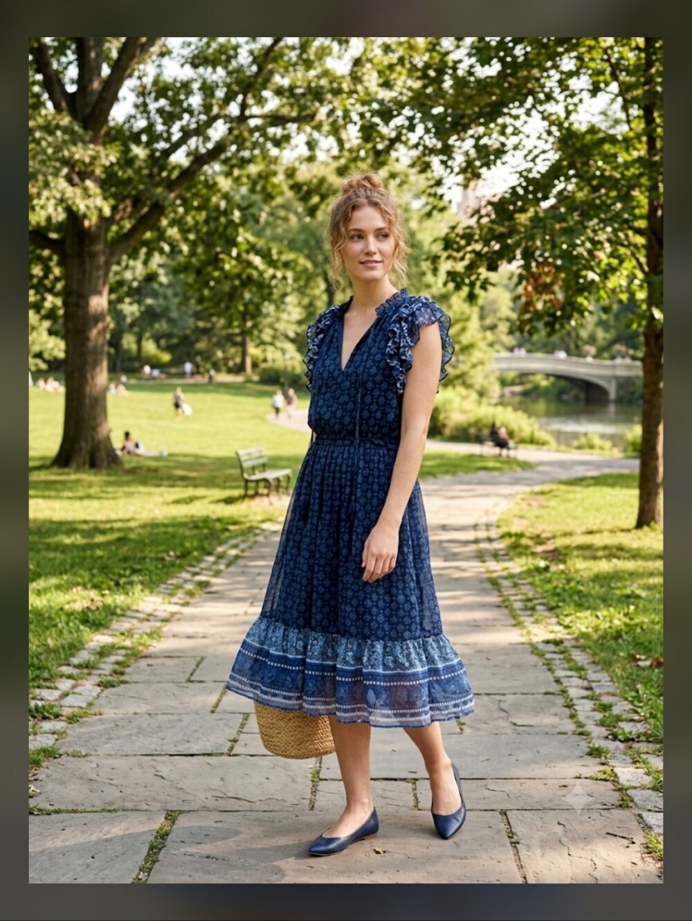 Aqua Women’s Navy Blue Ruffle-Sleeve Midi Dress, NWOT
